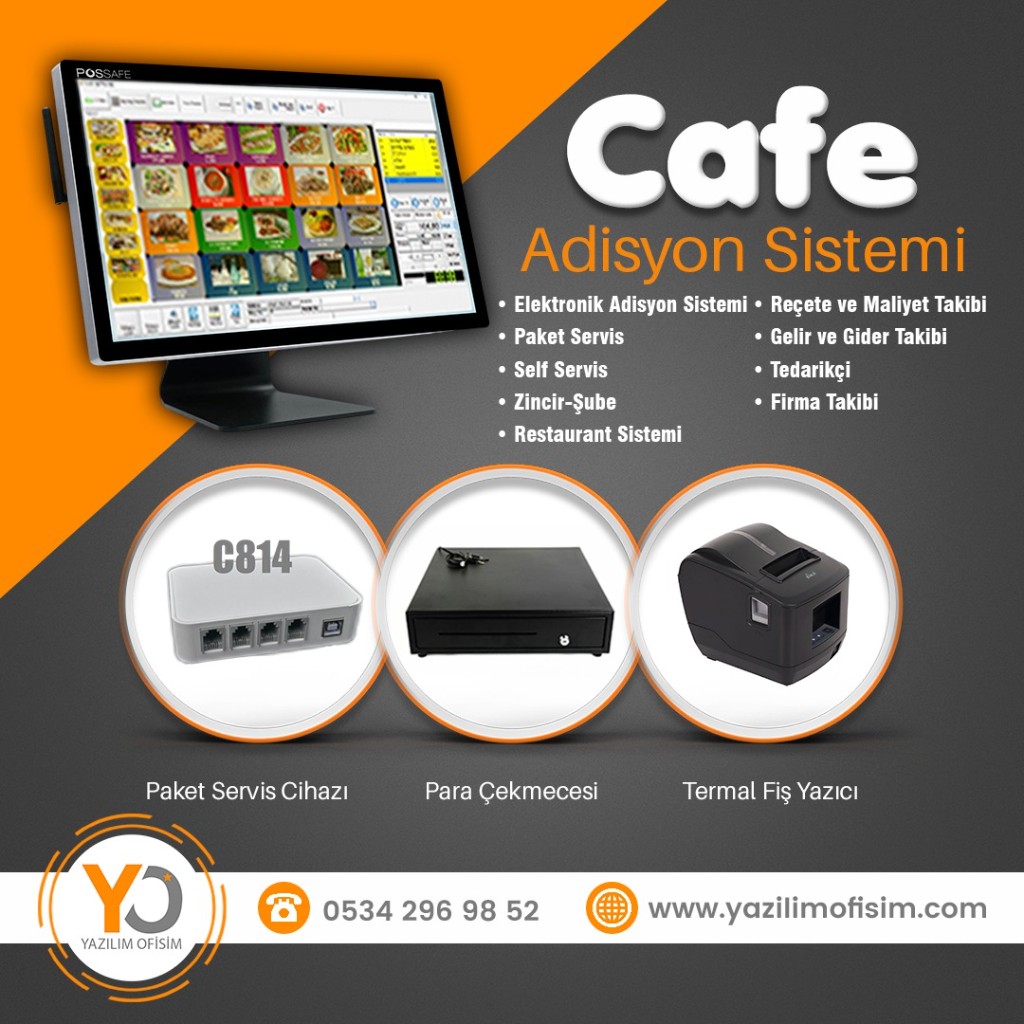 Cafe adisyon sistemi dokunmatik terminal, yazıcı ve para çekmecesi paketi