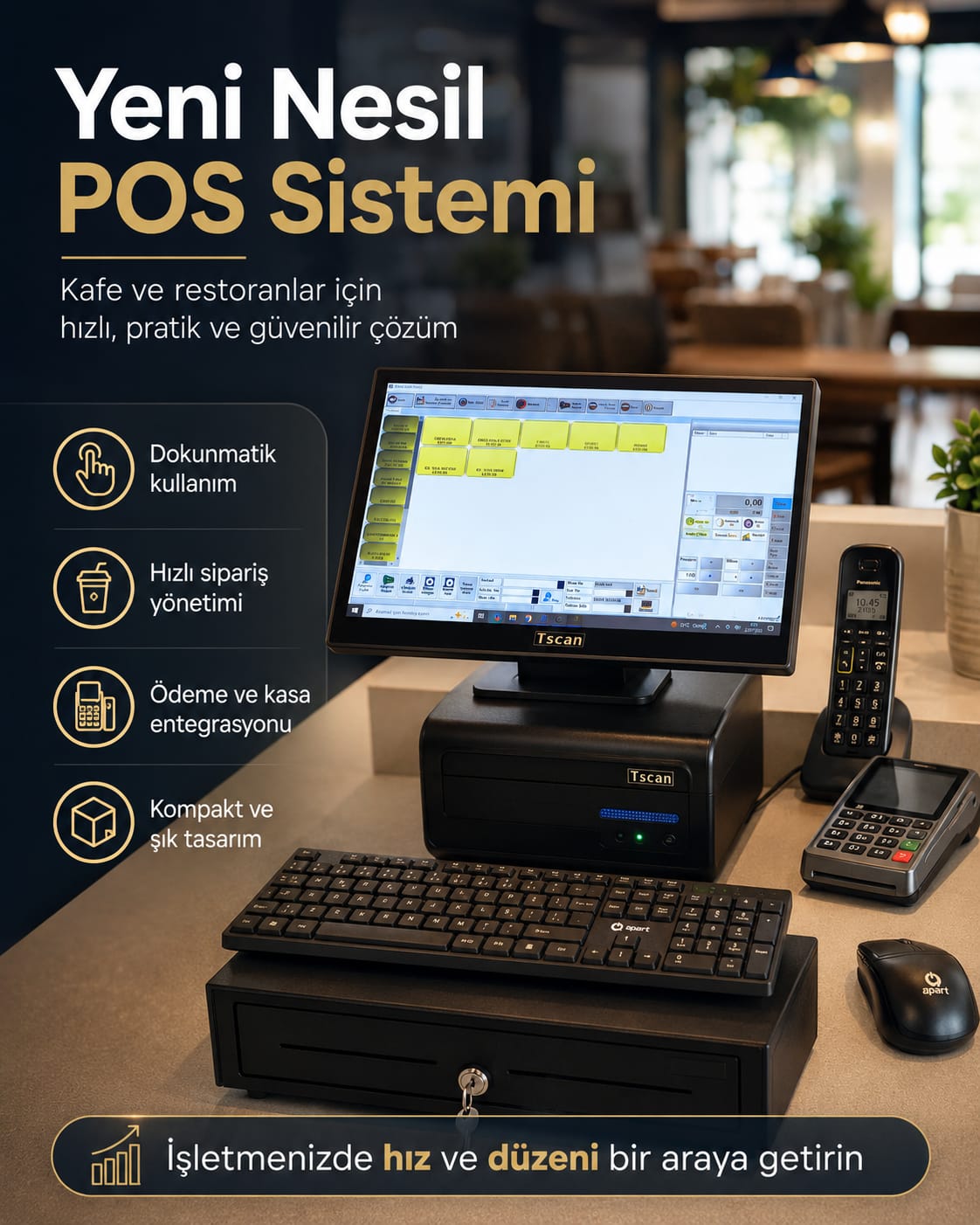 Yeni nesil restoran POS sistemi, dokunmatik ekran, yazıcı, kasa ve ödeme cihazları