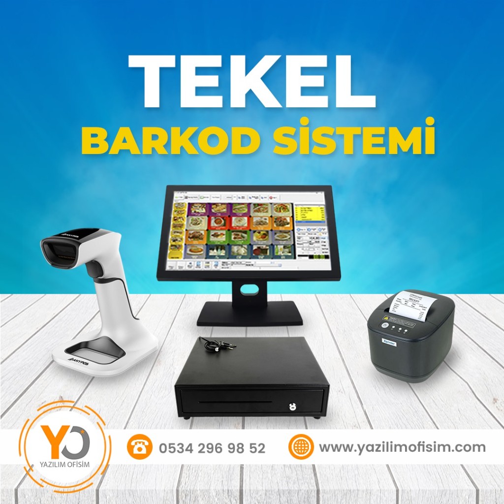 Tekel işletmesi için barkod okuyucu, POS ekranı, yazıcı ve para çekmecesi