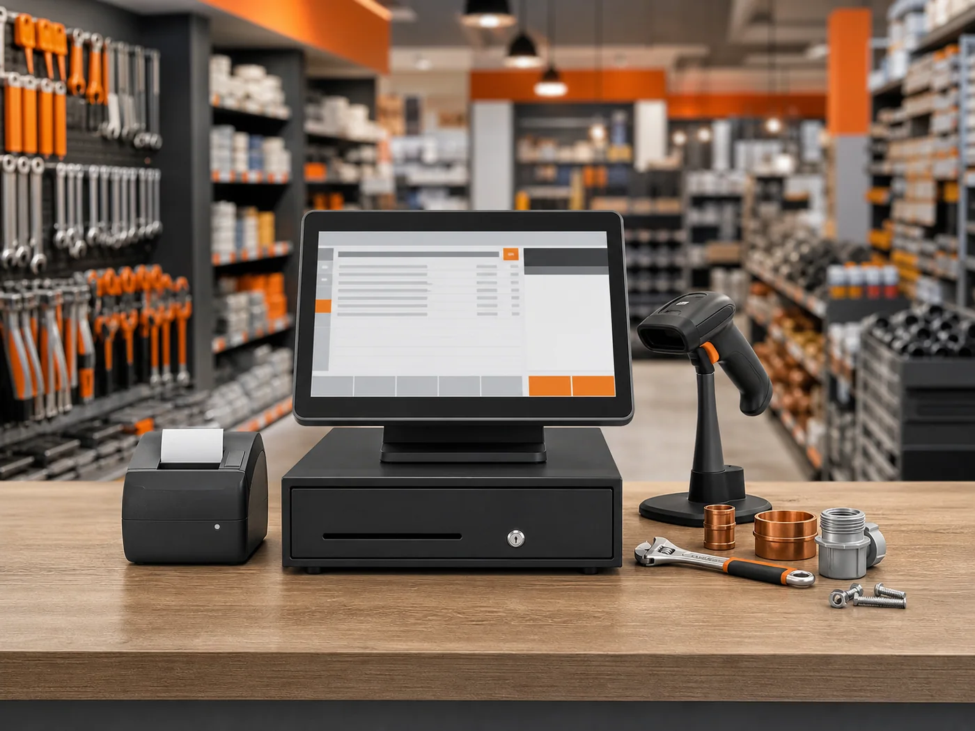 Nalbur mağazasında dokunmatik POS, barkod okuyucu, yazıcı ve stok sistemi