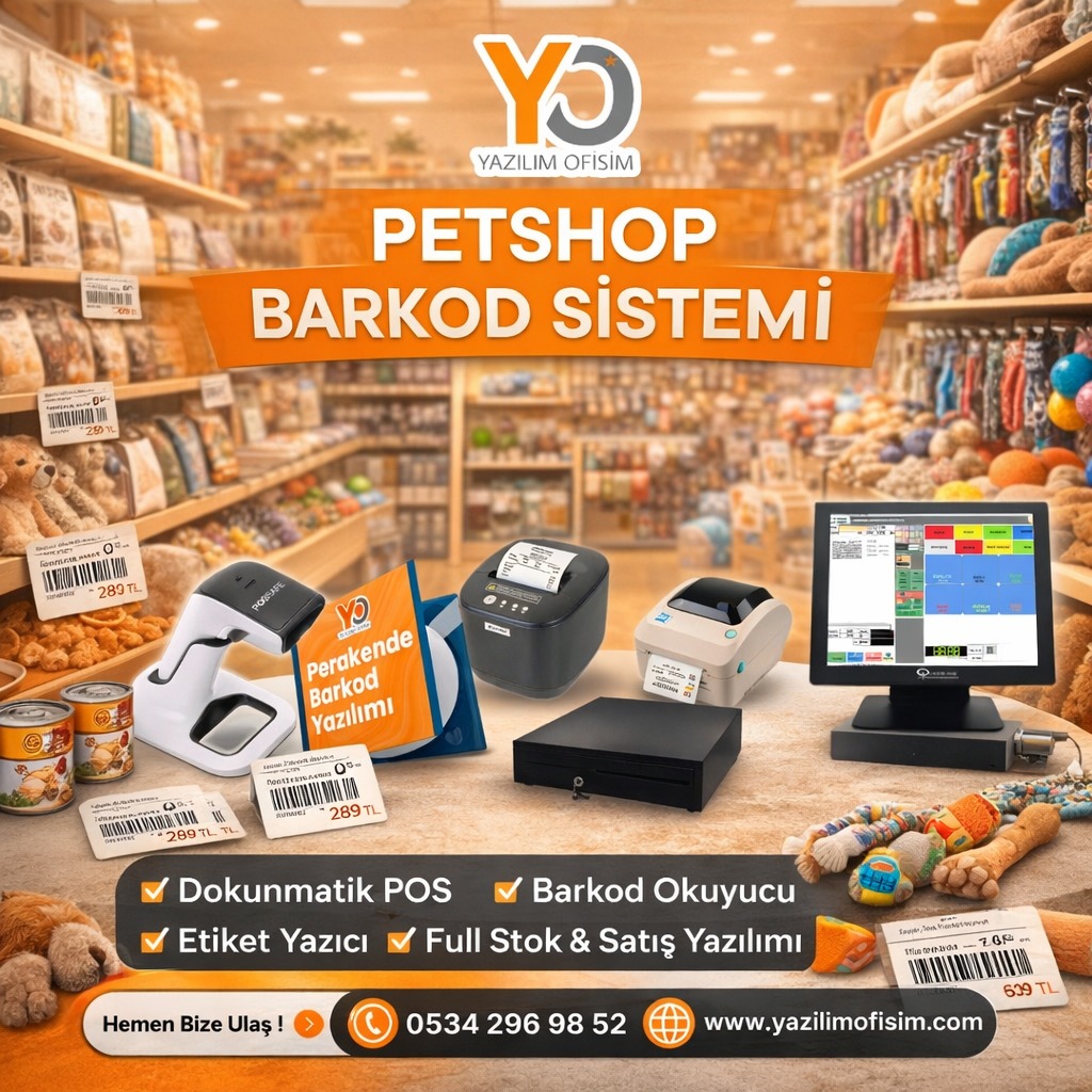Petshop için dokunmatik POS, barkod okuyucu, etiket yazıcı ve stok takip sistemi